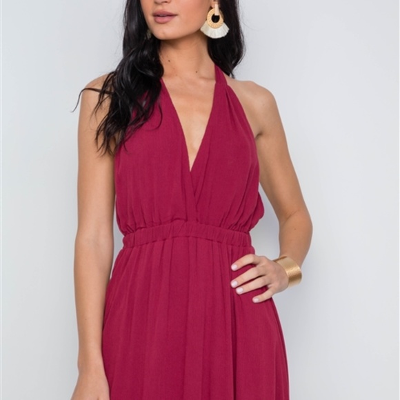 BURGUNDY PLUNGING OPEN BACK SOLID MAXI DRESS - Picture 4 of 6